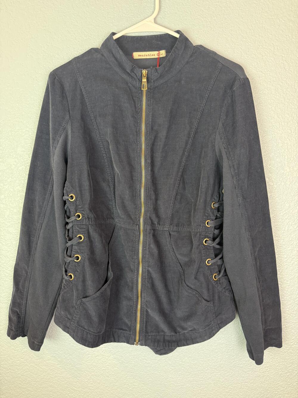 Wearables Cord Jacket Womens Large Gray Lace Up Side Zip Boutique Harajuku